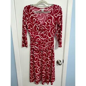 Y2K London Style Dress Size 8 Red Abstract Smocked Waist Faux Wrap Office Siren